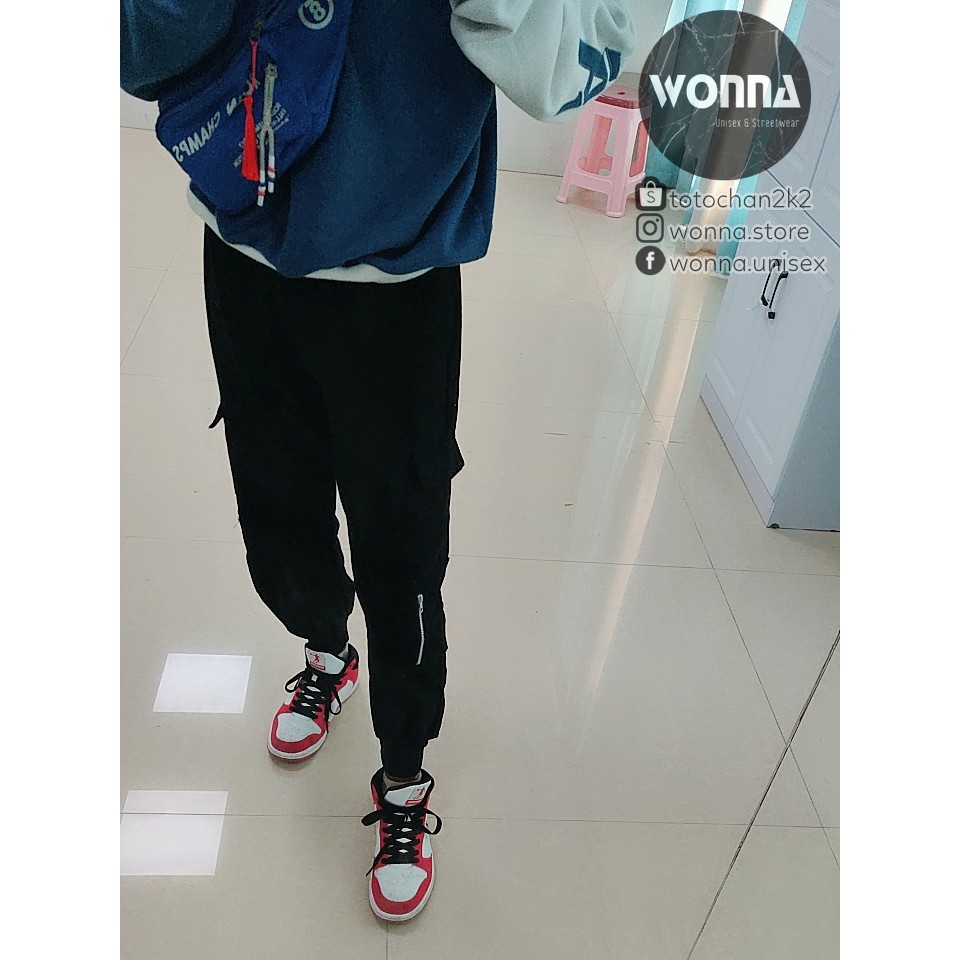 Quần cargo jogger ống bo unisex box pant street style Hàn có khóa kéo zipper nam nữ hip hop màu đen