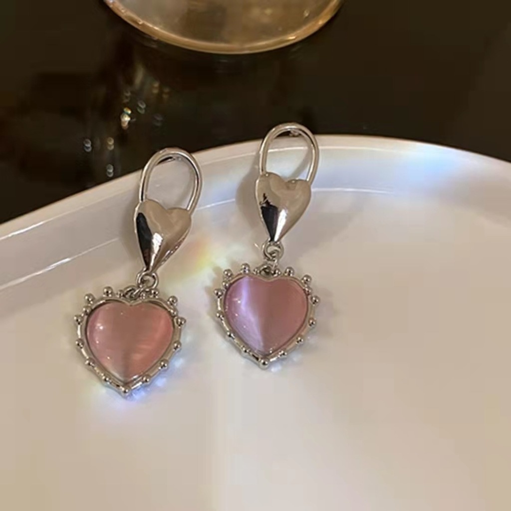 Bông Tai Mạ Bạc 925 Hình Trái Tim Đính Đá Opal Hồng Dễ Thương Cho Nữ