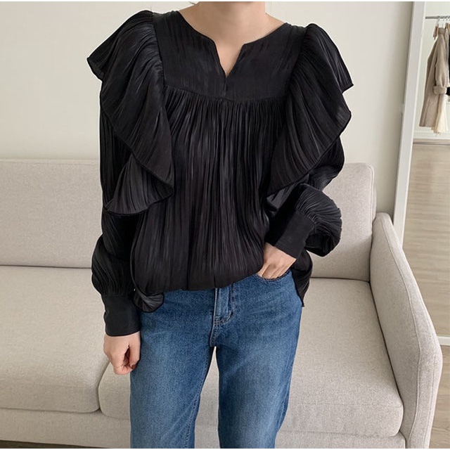 COZOK Áo Kiểu Phối Bèo Nhún Thời Trang Hàn Quốc Nữ Tính