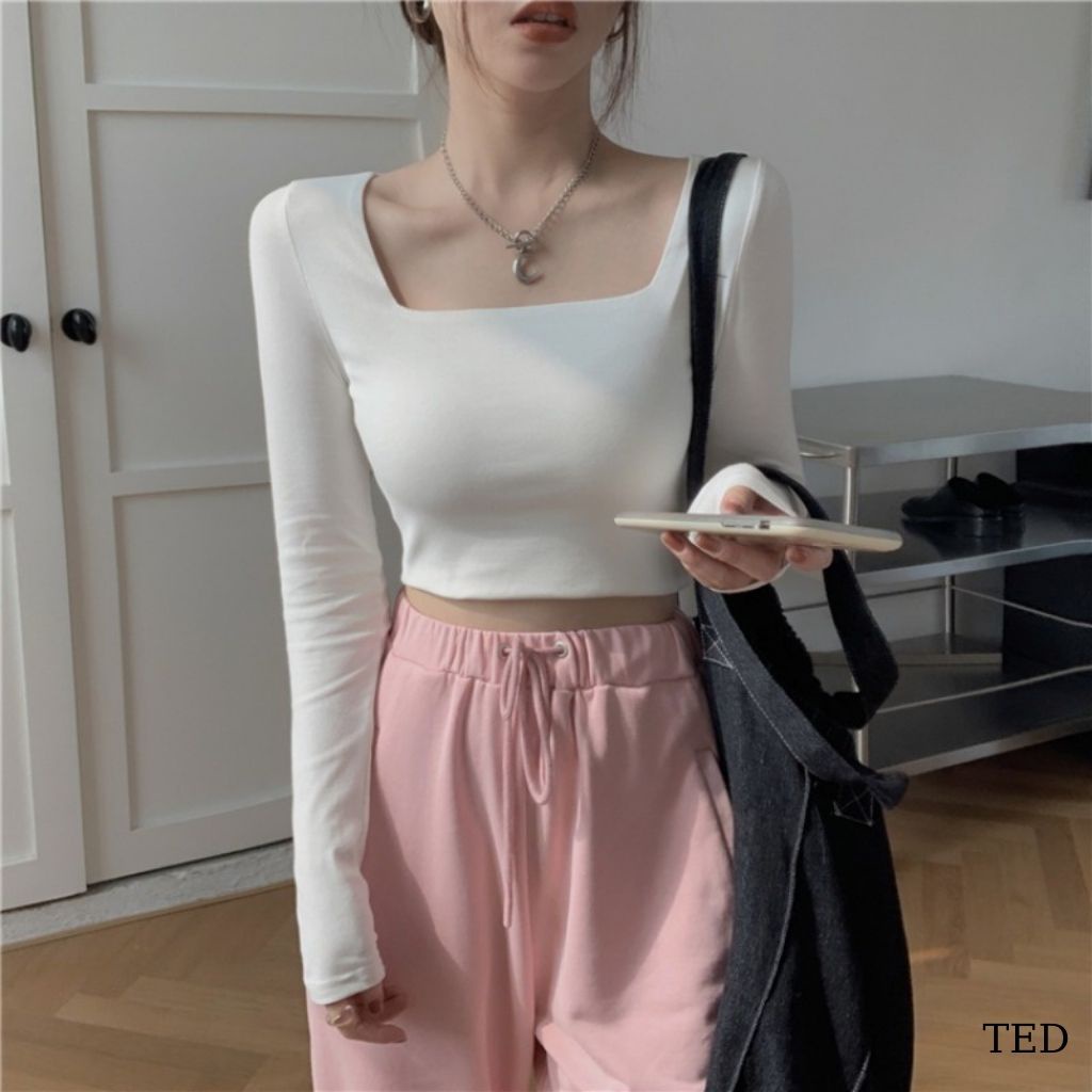 Áo Croptop Tay Dài Cổ Vuông Màu Trơn Co Giãn Phong Cách Hàn Quốc 3 Màu Tùy Chọn TED003