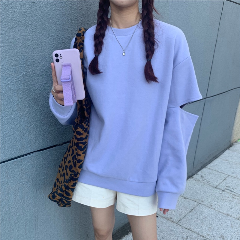 Theodora Áo Thun cotton Tay Dài Xẻ Tà Màu Đen/Tím/Xám Đơn Giản Phong Cách Hàn Quốc Thời Trang Dành Cho Nữ