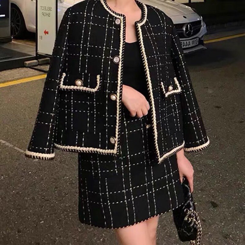 Set áo khoác tweed+chân váy dạ