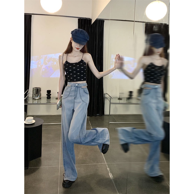 Quần Jean Dài Lưng Cao Ống Rộng Xẻ Tà Màu Gradient Thời Trang Mùa Hè Kiểu Mới Cho Bạn Gái