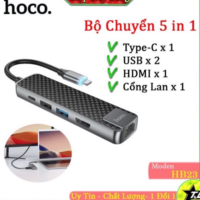 Cáp Chuyển Hub Hoco HB23 5 in 1 Type C Ra 3 Usb 3.0 + HDMI 4k+ Mạng Lan Và Cổng Sạc PD