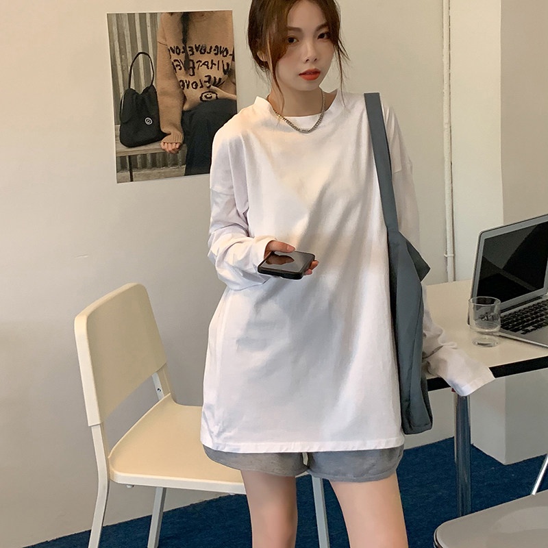 SUXI Áo Thun Nữ Dài Tay Cổ Tròn Màu Sắc Thanh Lịch