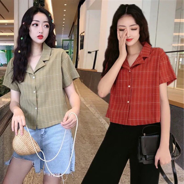 (Order) bigsize Áo sơ mi kẻ cổ vest dáng lửng siêu xinh - hè 2019