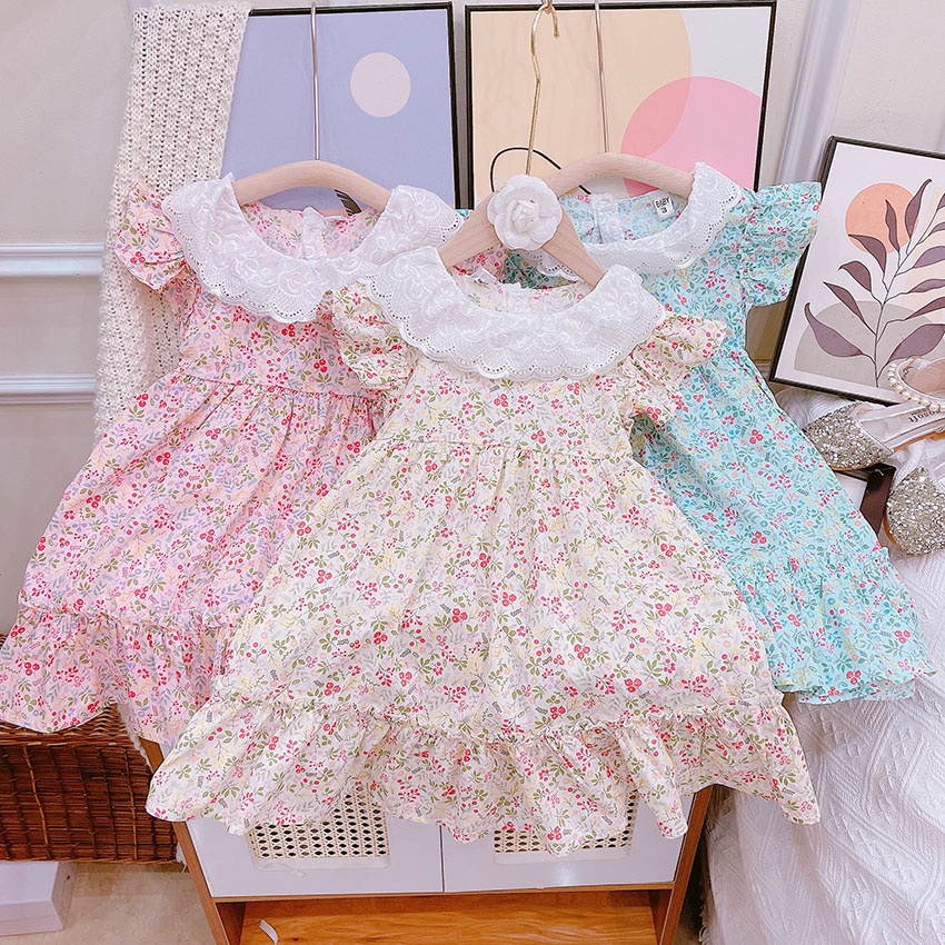 VÁY HOA CHO BÉ GÁI CỔ REN TIỂU THƯ, VÁY BỒNG BỀNH BÈO DƯỚI SIZE 9-19KG [V39]