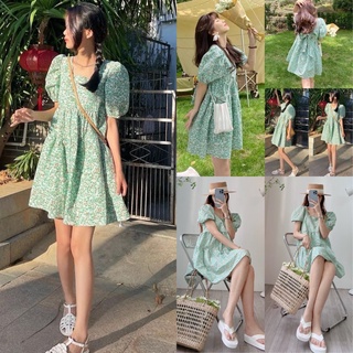 Đầm hoa xanh Green buộc nơ sau dáng babydoll Váy hoa nhí vintage
