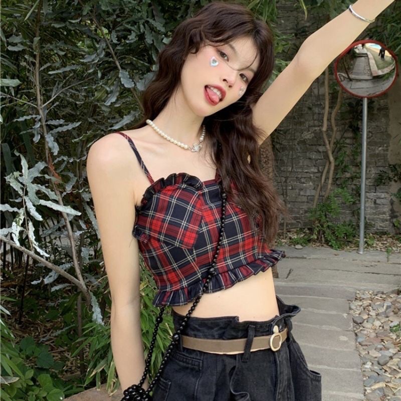 Áo 2 dây hoạ tiết kẻ caro phong cách Retro dễ thương hàng QC