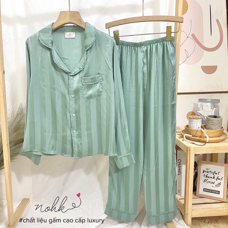Bộ đồ Pijama Lụa Mặc Nhà NOHK. SET đồ ngủ lụa mềm mịn, nhẹ, thiết kế dáng dài trơn trọc phối viền bèo siêu tiểu thư