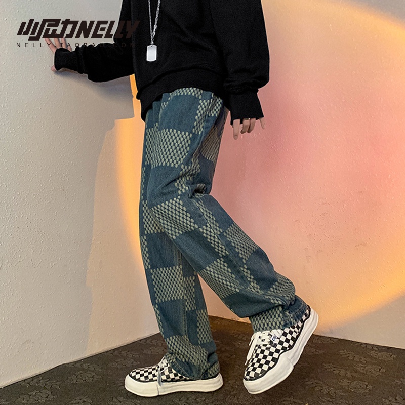 Quần jean ống rộng họa tiết sọc ca rô phong cách Hàn Quốc cá tính thời trang