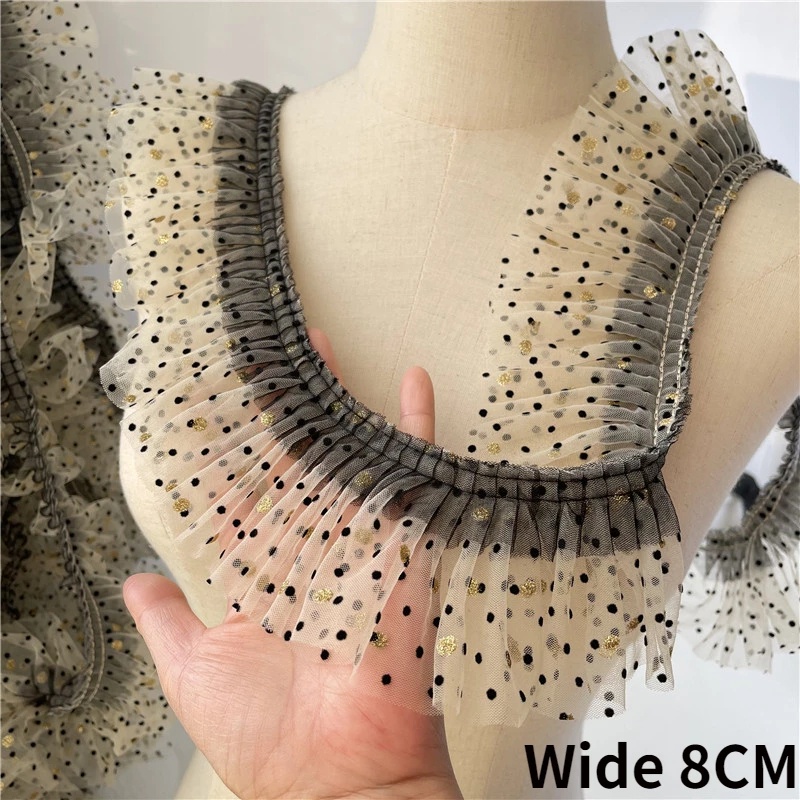 Dây Ruy Băng Vải Tuyn Rộng 8CM Họa Tiết Chấm Bi Màu Vàng Đen Xếp Ly Viền Ren