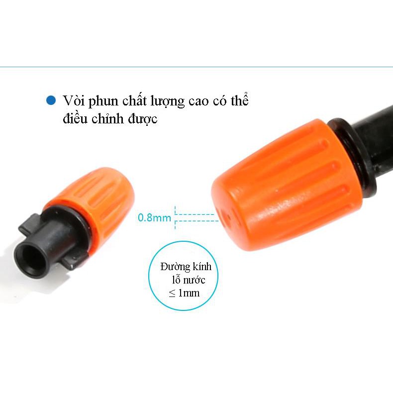 Béc phun sương màu cam và ren 21mm ( nhựa cao cấp) đầu phun không bị tắc, điều chỉnh được lượng nước phun