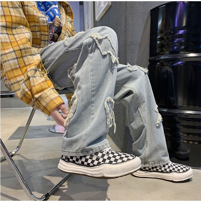 Quần bò ống rộng nam nữ rách gối nhiều màu xanh bạc nhạt đẹp mới hà nội hcm Pon.mens