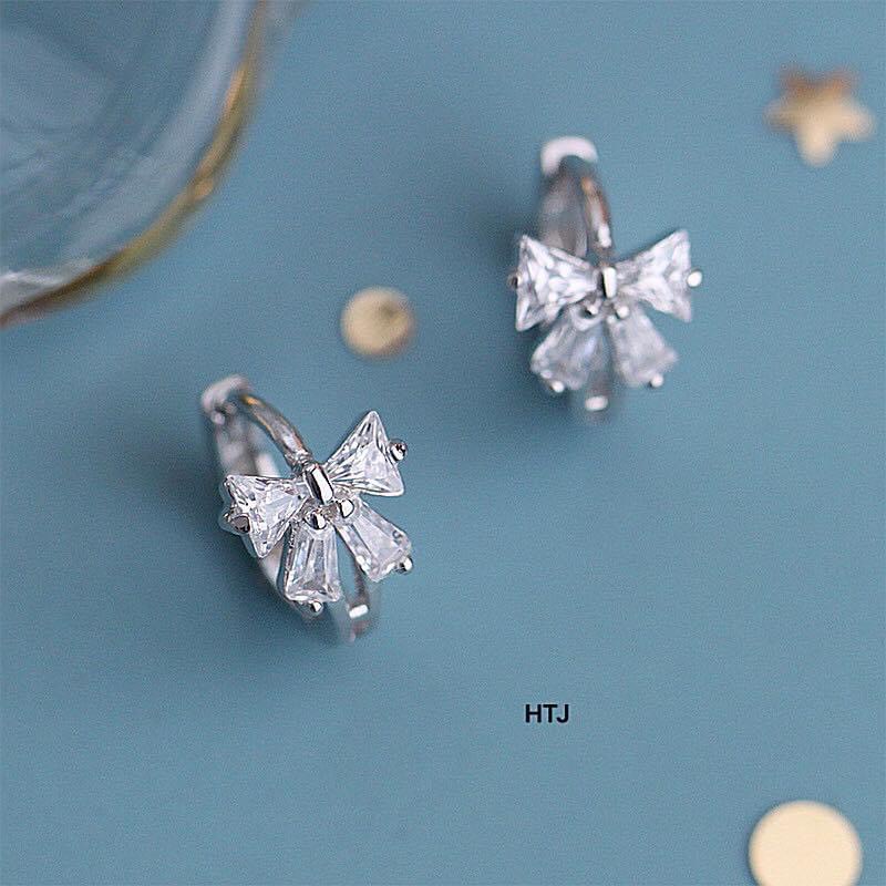 Bông tai nữ bạc thật hình nơ đính đá chốt bấm cực xinh LINH MIU SILVER