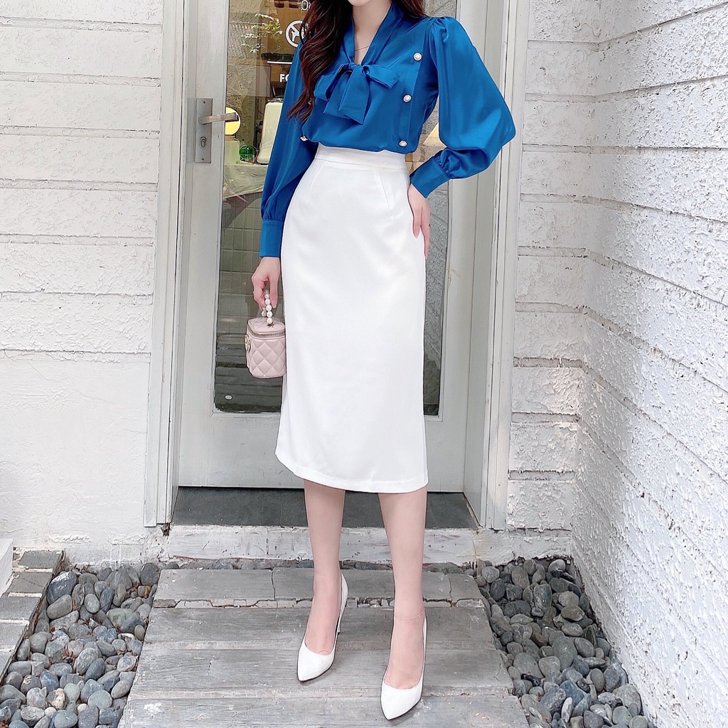 Chân váy midi dài qua gối công sở xẻ sau 2 lớp HILA