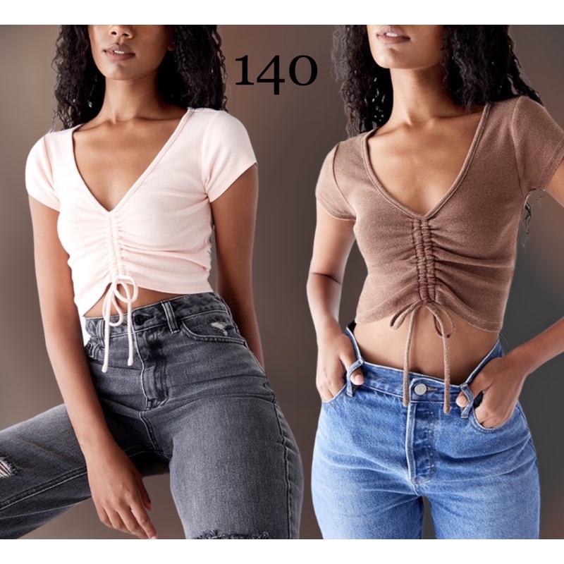 ÁO THUN TAY CON CỔ V CỘT EO F21