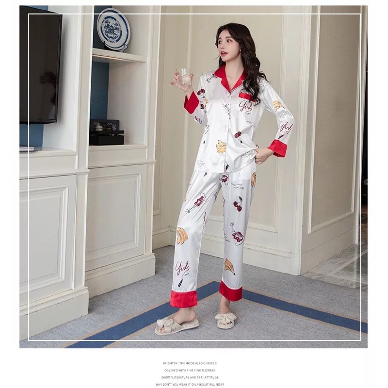 Bộ Pizama lụa tay dài hình hạt hoạ tiết V66