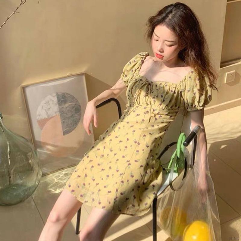 Đầm Tay Ngắn Cổ Vuông Họa Tiết Hoa Xinh Xắn Phong Cách Retro Hàn Quốc