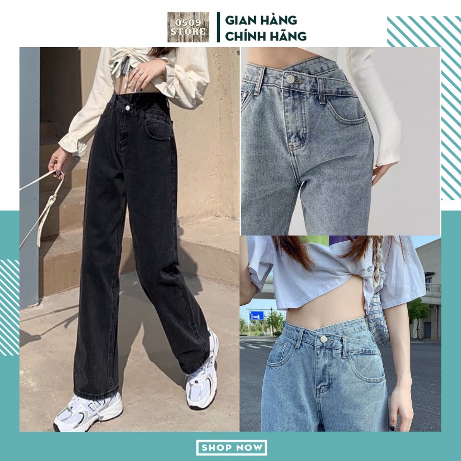 Quần jean nữ lưng cao ống rộng cạp chéo dáng suông, quần bò nữ ống đứng ulzzang vải bò dày đẹp không giãn JB10