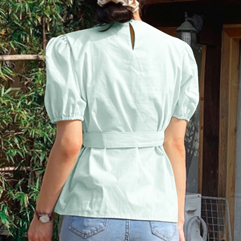 Áo kiểu Zanzea tay ngắn cổ tròn cột dây cài nút phong cách hàn quốc dành cho nữ