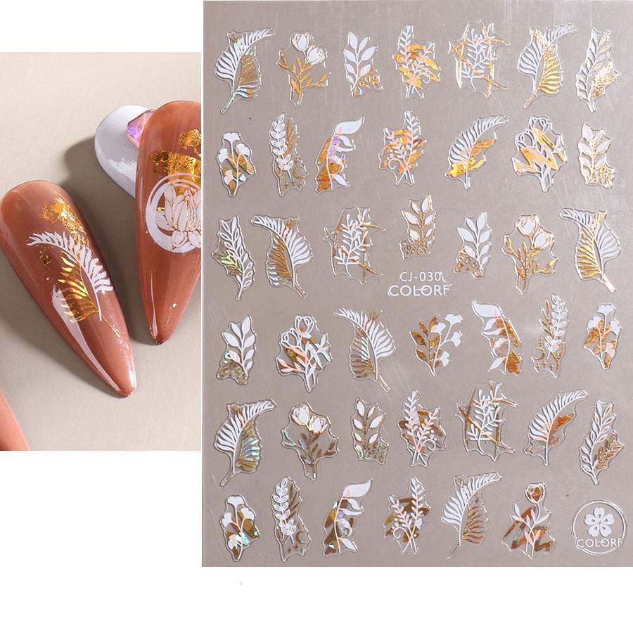 1 Tờ Miếng Dán Trang Trí Móng Tay Hình Hoa Lá 3D Màu Vàng Trắng Vàng Đồng Gradient