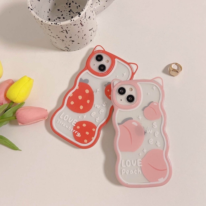 Ốp lưng iphone mềm dẻo viền mây trong suốt có tai mèo hình quả đào hồng và dâu đỏ cuti