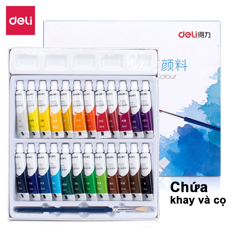 Deli Màu nước dạng tuýp chứa khay và cọ 5ml 12màu/24màu an toàn và không độc hại Watercolor paints
