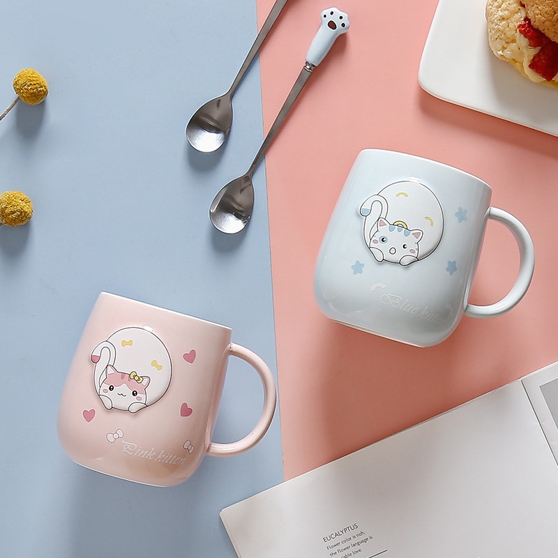 Ly sứ mèo siêu Cute kèm nắp sứ và muỗng Inox
