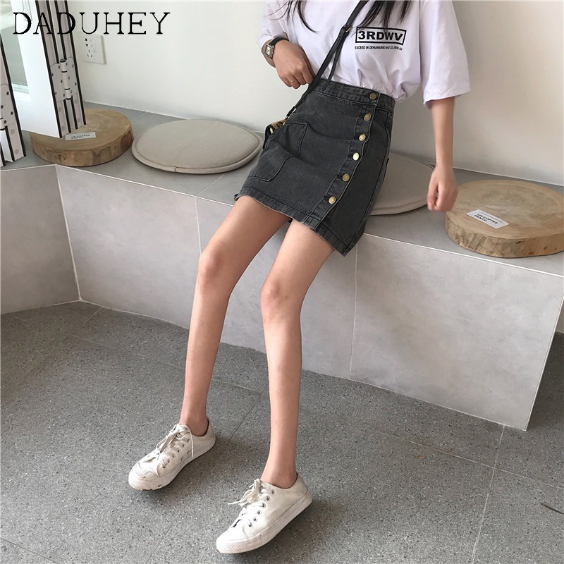 Daduhey Chân váy ngắn denim dáng chữ A có túi ngang hông thời trang mùa hè 2022 mới