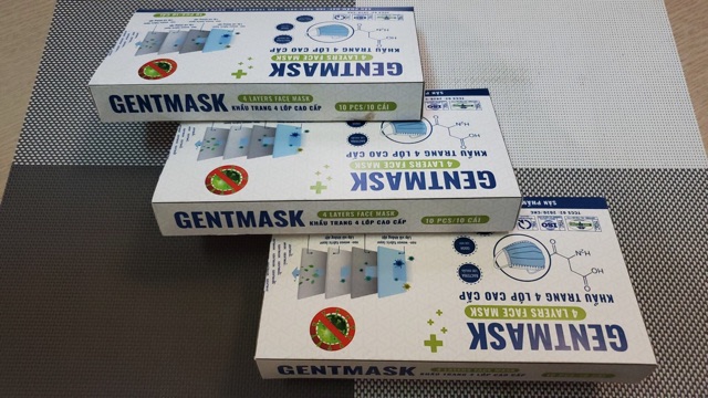 Hộp 10 chiếc khẩu trang y tế cao cấp nhãn hiệu GENTMASK, đầy đủ giấy kiểm định chất lượng theo quy định.
