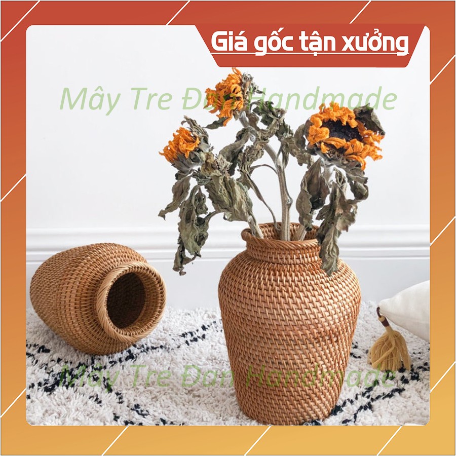 Lọ Cắm Hoa, Bình Cắm Hoa Mây Tre Đan, Kích Thước Cao 20cm x Phi 15cm