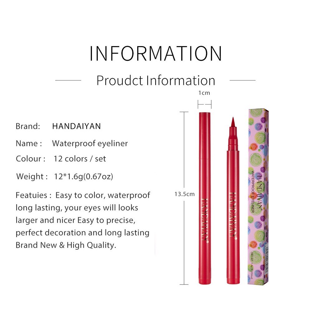 [HCM] Bút Kẻ Mắt Dạng Lỏng Lâu Trôi 12 Màu Sắc HANDAIYAN Waterproof Eyeliner 1.6g