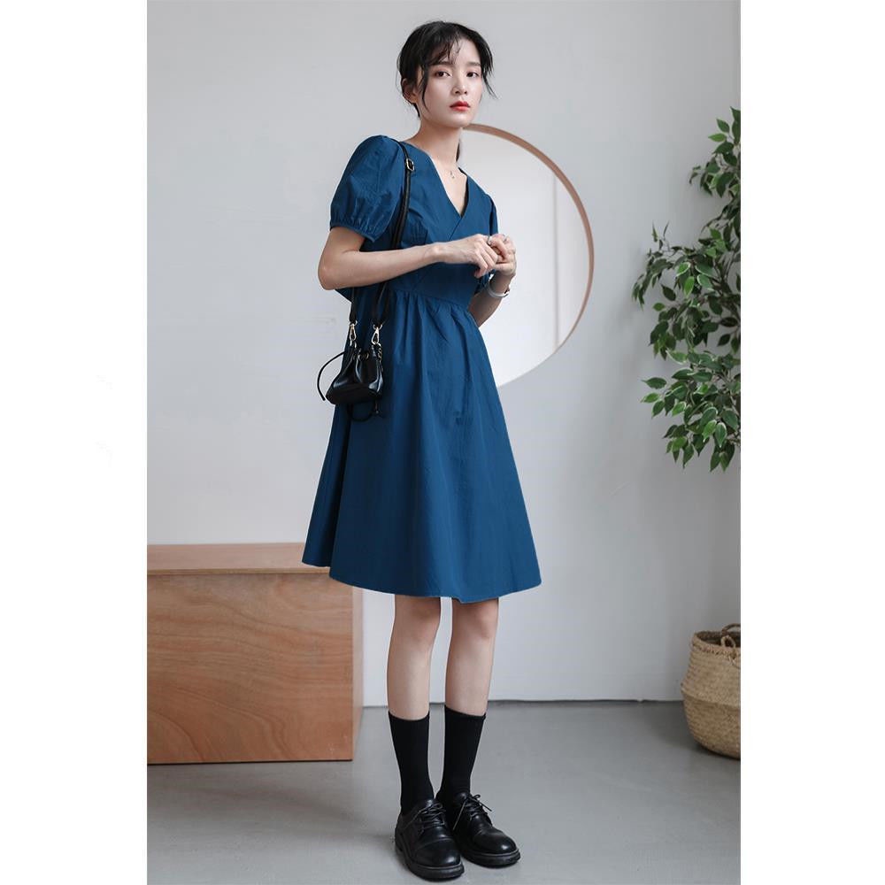 Đầm midi tay phồng cổ chữ V thắt nơ eo thời trang mùa hè xinh xắn cho nữ