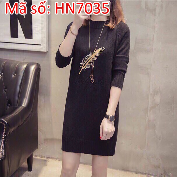 HN7035 ĐẦM LEN SUÔNG CHIẾC LÁ SANG TRỌNG CÁCH ĐIỆU CÓ SIZE LỚN