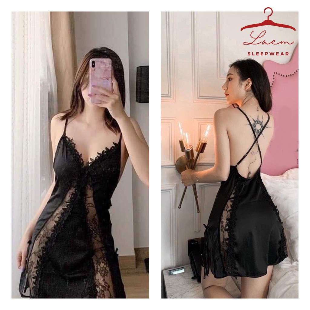 Đầm ngủ sexy Laem Sleepwear - Đầm ngủ 2 dây lụa phối ren hoa xẻ tà freesize (ảnh thật)