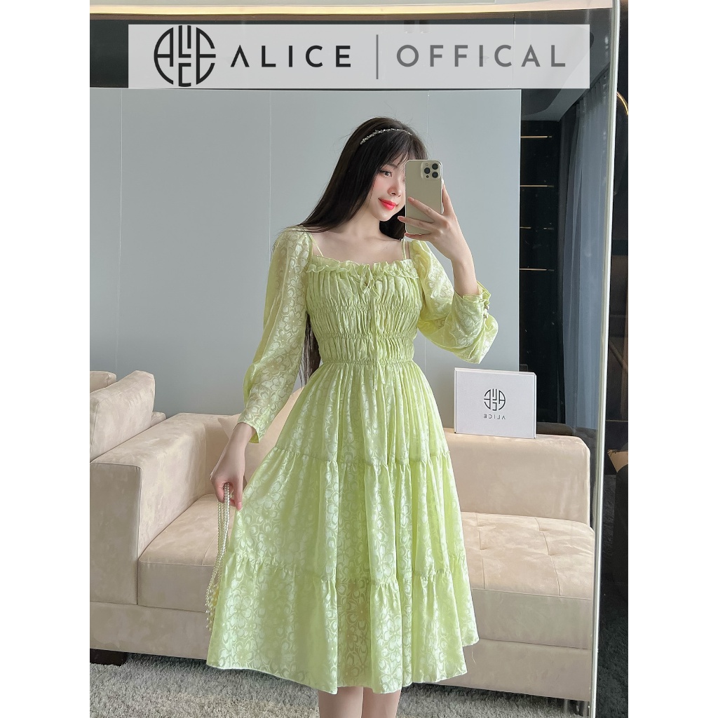 Váy Tiểu Thư Cổ Vuông ALICE Chất Thô Hoa Mềm Mát Dáng Xòe Dài Chun Ngực Tay Bom Điệu Đà V842