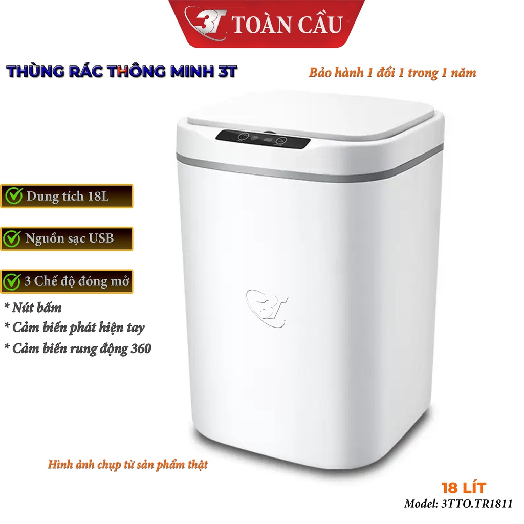 Thùng rác cảm ứng thông minh 3TTO.TR181X, dung tích 18L / 3 chế độ ...