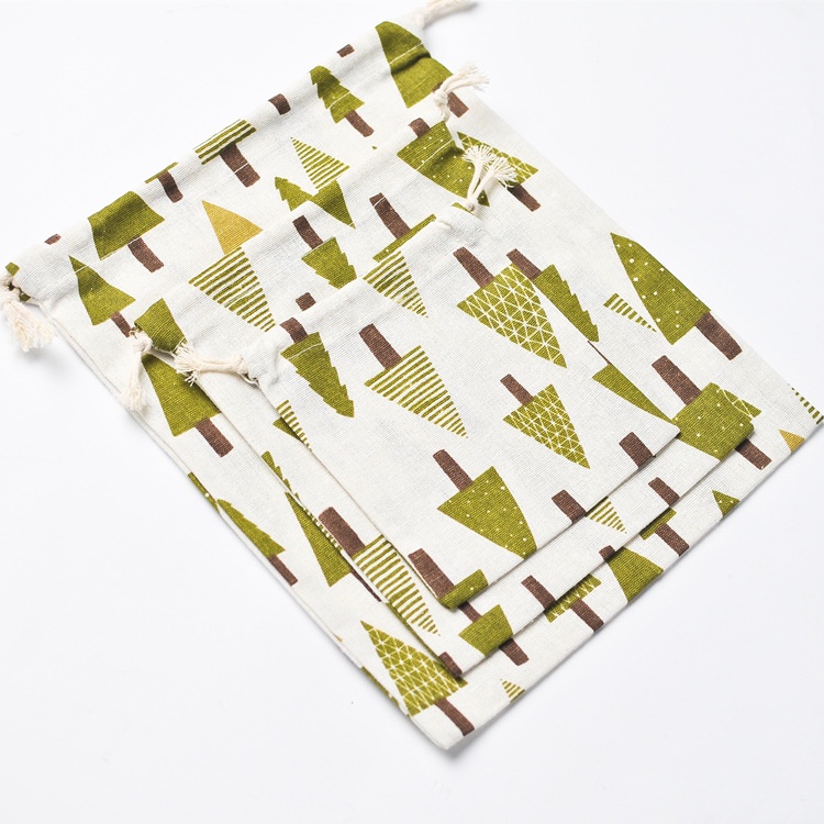 Túi dây rút vải lanh cotton in hình cây thông Noel