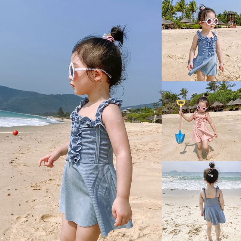 Bộ Đồ Bơi Một Mảnh Phối Bèo Nhún Màu Trơn Dễ Thương Thời Trang Mùa Hè Cho Bé Gái