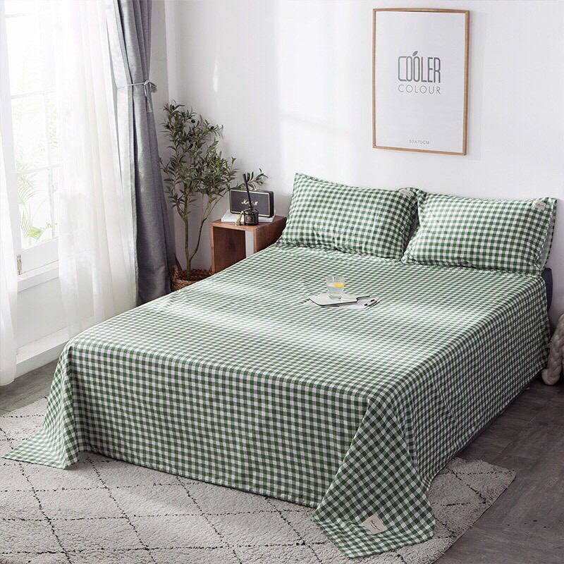 Bộ ga gối cotton living  - mẫu Ô vuông xanh lá