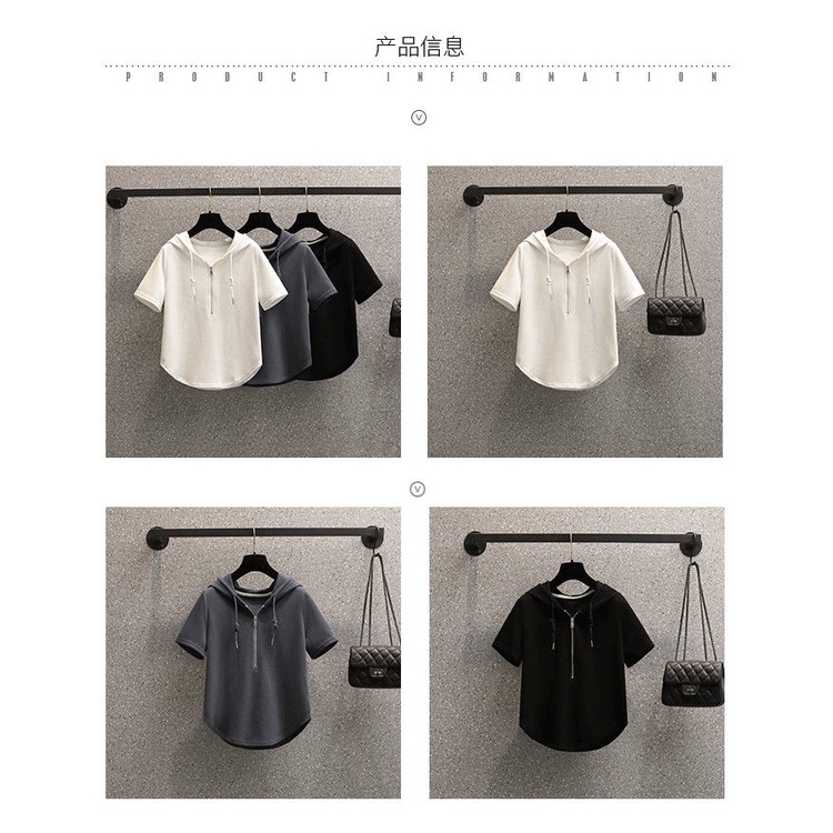 Áo Thun Cotton Tay Ngắn Có Nón Và Dây Kéo Size Lớn Thời Trang Cho Nữ