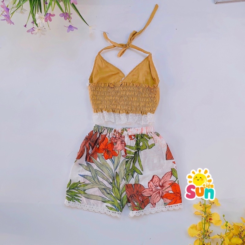 Set bộ đi biển cho bé gái size 7-30kg  Vải lụa phối đũi tơ mềm mát