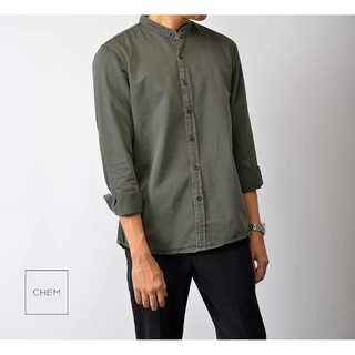 Áo sơ mi denim cổ trụ xanh bạc
