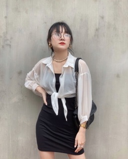 Set áo voan phối đầm dây ôm body