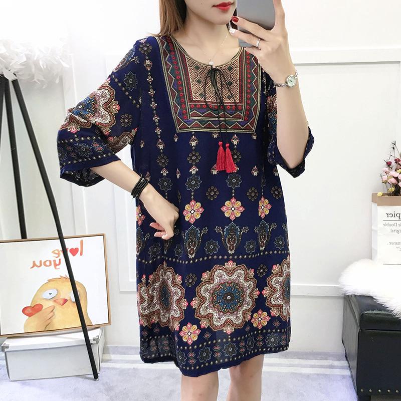 Đầm form rộng hoạ tiết thổ cẩm phong cách boho vintage thời trang mùa hè dành cho nữ