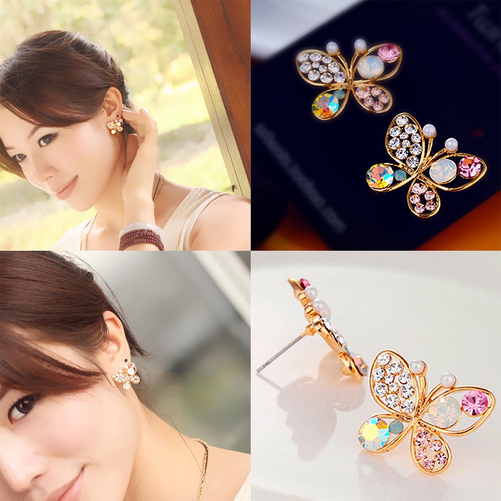 Khuyên Tai Hình Bướm Đính Đá Ngọc Trai Nhiều Màu Sắc Thời Trang Mới