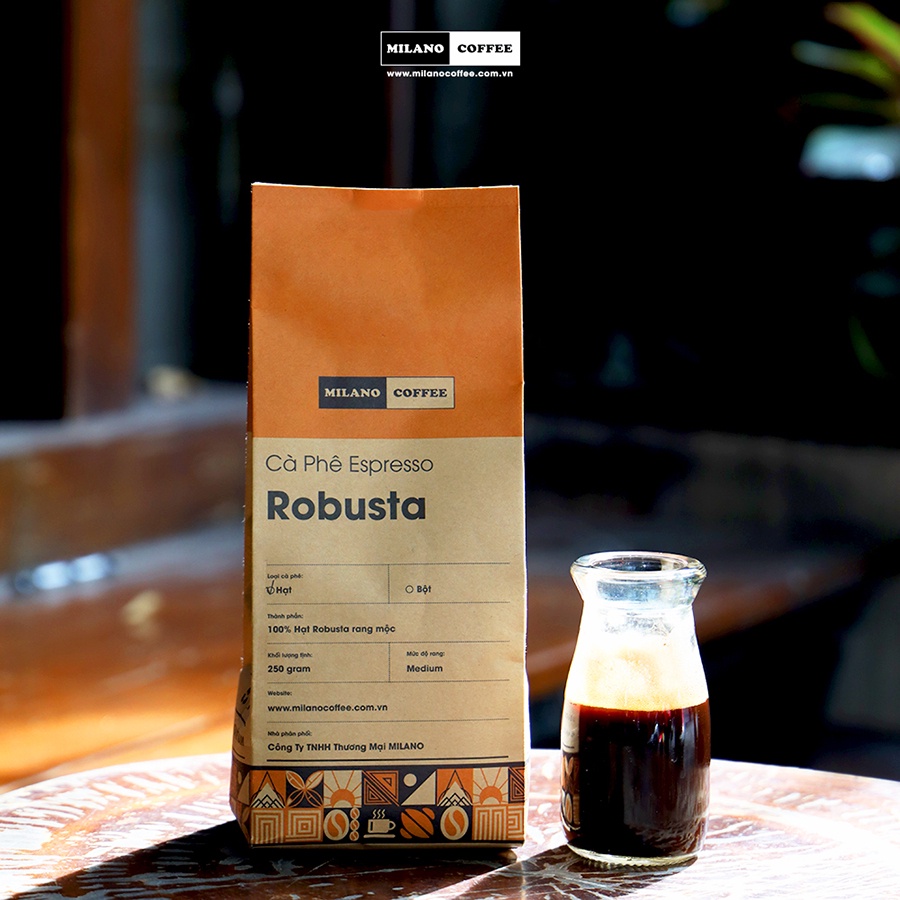 Cà phê hạt 100% ROBUSTA rang mộc nguyên chất MILANO COFFEE 250gr