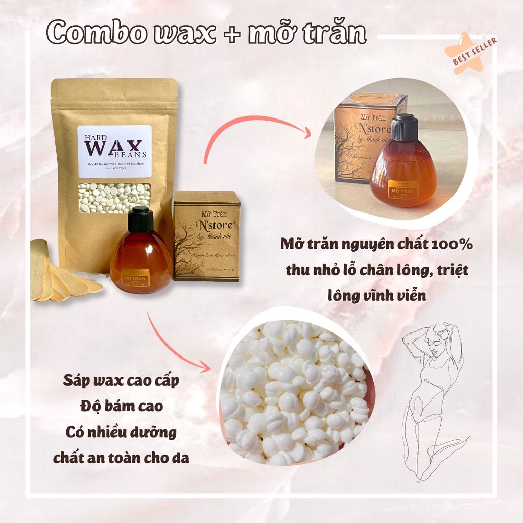 Combo triệt lông sáp wax nóng, nồi nấu sáp pro wax chống dính tặng mỡ trăn nguyên chất