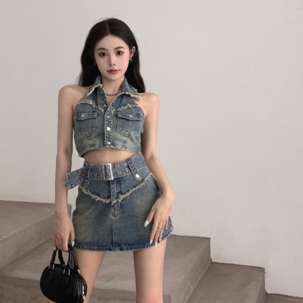 Bộ Áo Denim Không Tay Phối Chân Váy Denim Lưng Cao Thời Trang Mùa Hè Quyến Rũ Cho Nữ
